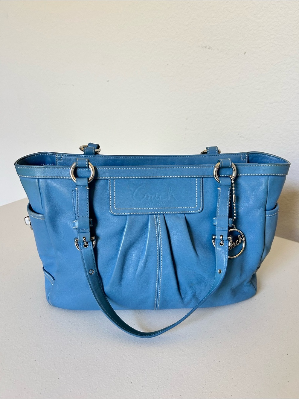 Coach Turquoise Blue Leather Tote with Signature Charm